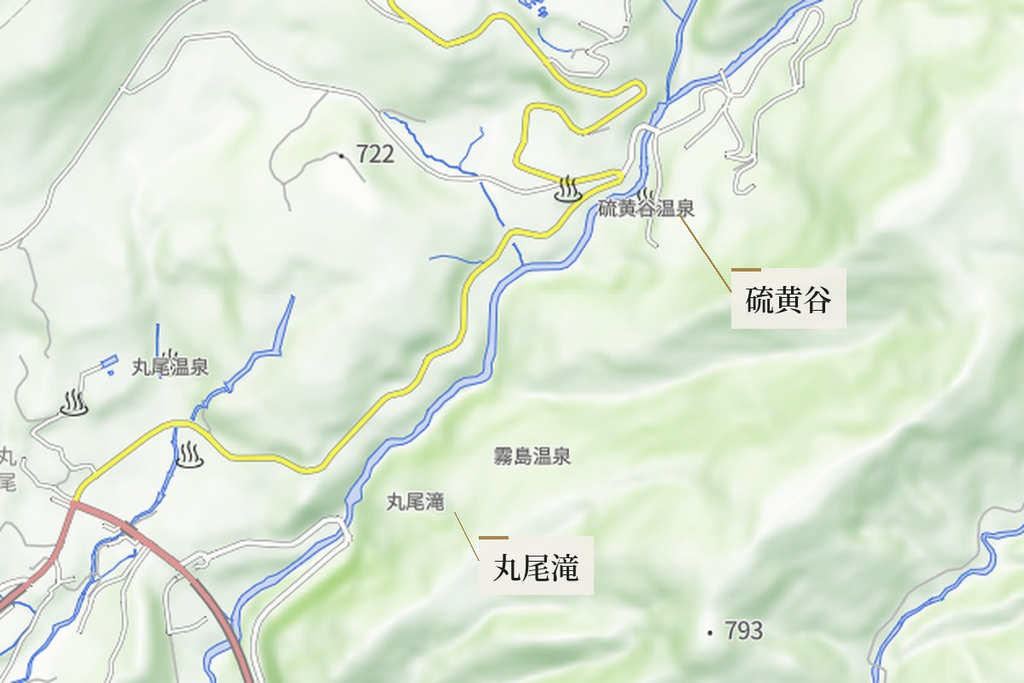 丸尾滝と、上流の硫黄谷温泉の位置関係を示した地図