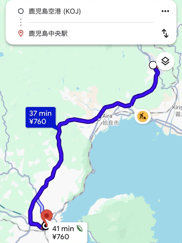 鹿児島空港と鹿児島市街、霧島温泉郷の位置関係の地図